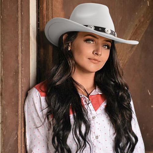 DRESHOW Women Men Classic Felt Wide Brim Western Cowboy & Cowgirl Cap Belt Buckle Retro Panama Hat Unisex Rolled up Caps - color: 1 Pack: White Cowboy Hat (Hat Circumference: 22-22.8")