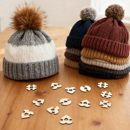 90pcs Pom Poms Buttons for Hats, Poplar Wooden Handmade Keepers Buttons Removable Beanie Button Faux Fur Pom Fastener Holder for Knitting Beanies DIY Crafted Decoration (3 Styles)