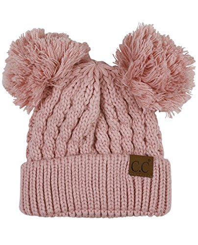 C.C 2 Ear Pom Pom Cable Knit Soft Stretch Cuff Skully Beanie Hat - color: Indi Pink