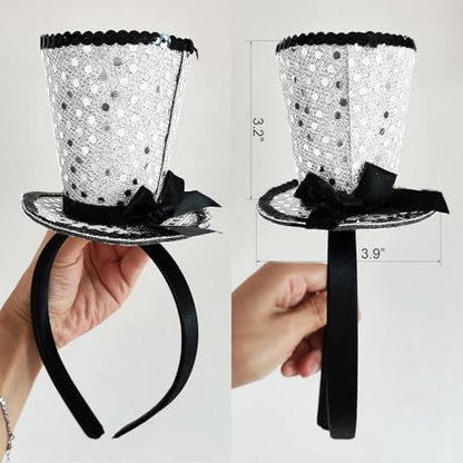 WLBON Halloween Mini Top Hat Headband 1920s Bow Sequins Hair Hoops Bands Fascinator Headpiece Hairband Women Christmas Holiday Festival Parade Cosplay Dress Up Birthday Tea Party Accessories Silver - color: Silver Tone