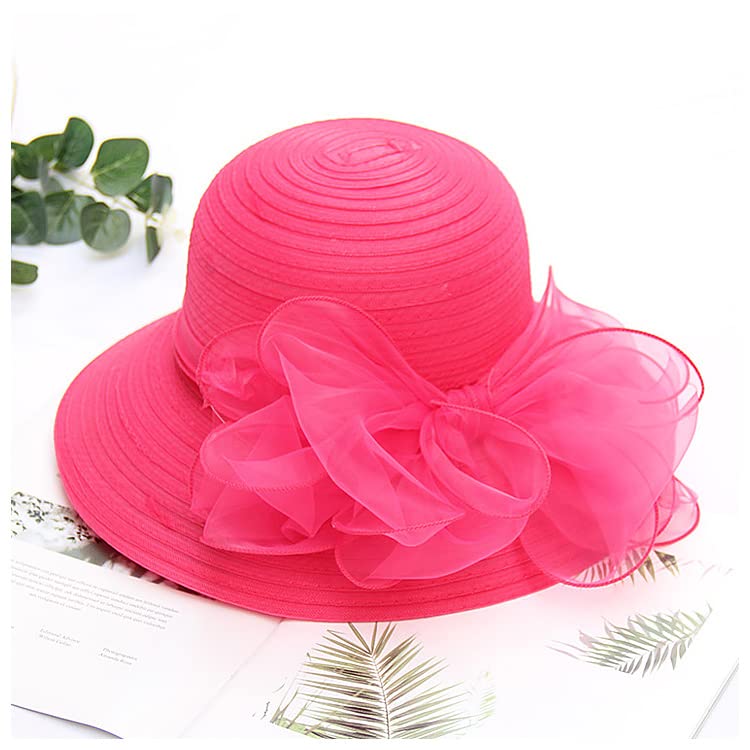 Haoohu Women's Church Derby Hat Wide Brim Bow Bucket Hat Wedding Dress Hat Fascinator Bridal Tea Party Hat - color: Rose Red