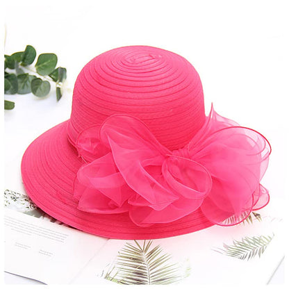 Haoohu Women's Church Derby Hat Wide Brim Bow Bucket Hat Wedding Dress Hat Fascinator Bridal Tea Party Hat - color: Rose Red