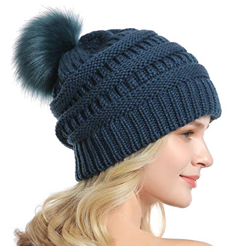 Women Knit Slouchy Beanie Chunky Baggy Hat with Faux Fur Pompom Winter Soft Warm Ski Cap - color: D9-dark Teal