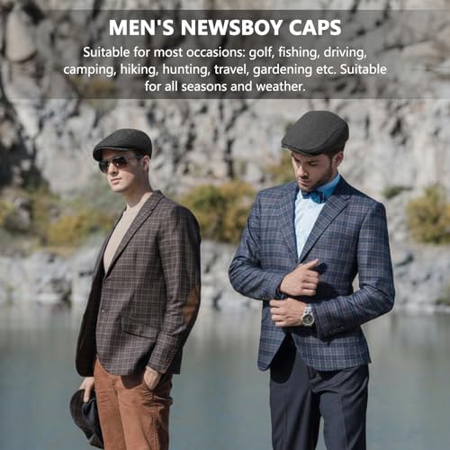 meioro Herringbone Flat Ivy Newsboy Cap for Men Classic Tweed Newsboy Hat Wool Blend Flat Cap Gatsby Cabbie Hats Ivy Caps - color: Dark Grey