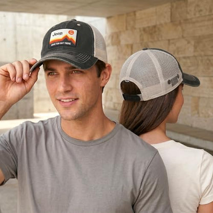Jeep Have Fun Out There Patch Garment Washed Trucker Hat Unstructured for Men & Women - Adjustable Snapback Baseball Cap - color: Black