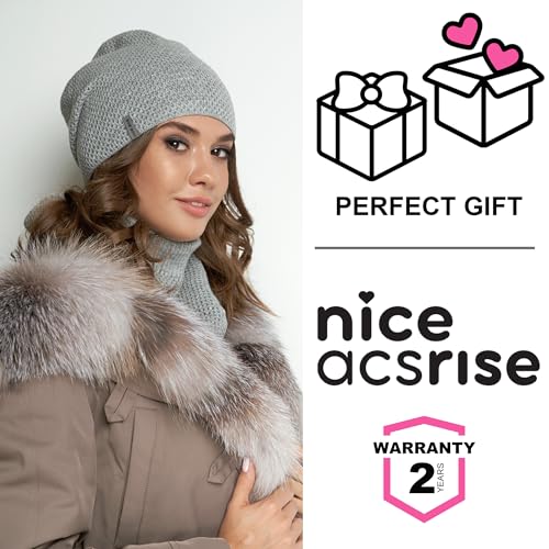 Hat and Scarf Set for Women – Knit Winter Beanie Fleece Lined Neck Warmer – Wool Double Layer Cap - color: Grey