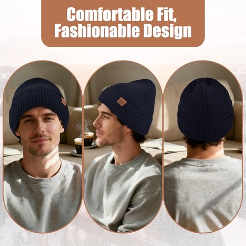 Unisex XXL Winter Hat, Fleece Lined Beanie Skull Cap Thermal Beanies Warm Ski Hat for Cold Weather - color: Navy