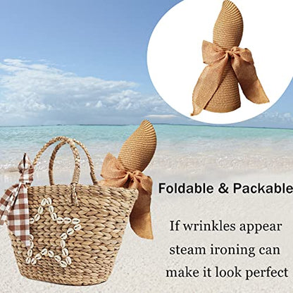 Floppy Big Beach Straw Hats for Women Foldable Summer Wide Brim Packable Sun Hat Womens Travel Straw Fedora Hat - color: Khaki-2