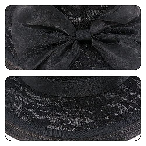 Haoohu Women's Church Derby Hat Wide Brim Bow Bucket Hat Wedding Dress Hat Fascinator Bridal Tea Party Hat - color: Mb Black