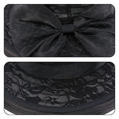 Haoohu Women's Church Derby Hat Wide Brim Bow Bucket Hat Wedding Dress Hat Fascinator Bridal Tea Party Hat - color: Mb Black