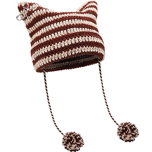 XYIYI Crochet Hats for Women Fox Knit Hat with Pompoms Grunge Goth Accessories Slouchy Beanies for Women Girls - color: Coffee Beige