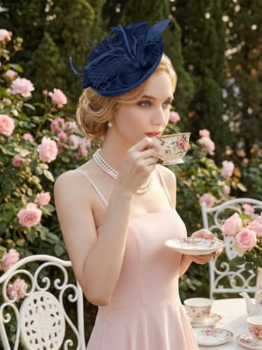 Women Fascinators Hats Tea Party Headband Hair Clip Feathers Hat for Wedding Cocktail Party - color: Navy