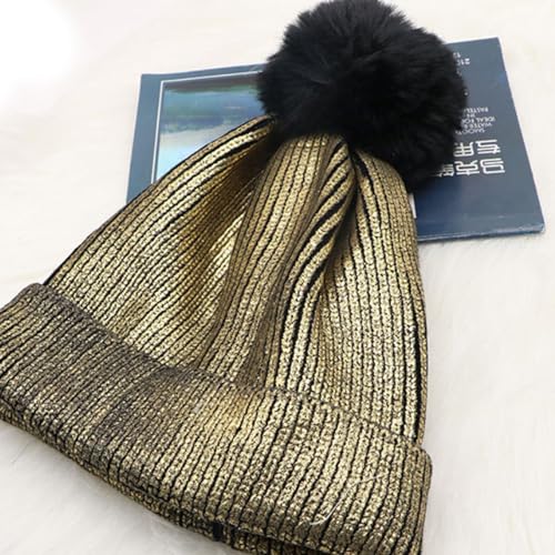 Metallic Winter Cable Knit Beanie Hat Cap Warm Soft Skull Caps with Furry Fur Pom Pom - color: Gold