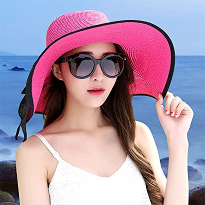 FSIGOM Women's Folable Floppy Hat,Wide Brim Sun Protection Straw Hat, Summer UV Protection Beach Cap - color: C1-e-rose Red, size: Large