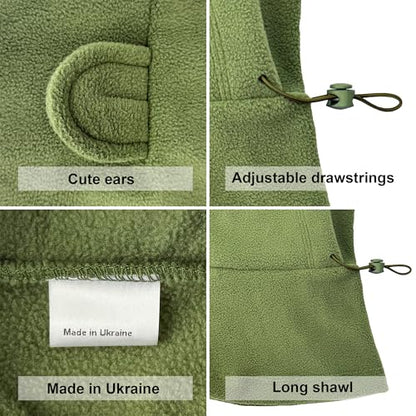 Fleece Balaclava Over Helmet - Warm Helmet Ninja Hood - Snowboard Hooded Hat Neck Gaiter Ski Mask - color: Pinegreen-earsup, size: One Size