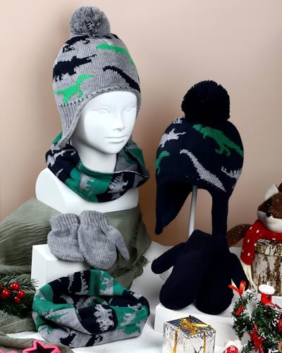 SATINIOR Winter Toddler Boys Hat Dinosaur Warm Mittens Scarf Set Pompom Baby Beanie Knitted Baby Hat Scarf Gloves Earflaps - color: Stylish Color