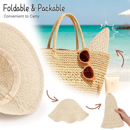 Sun Hat for Women Summer Straw Beach Hats Bucket Hat Floppy Crochet Hat - color: Beige