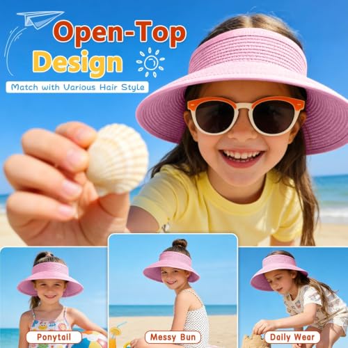 ZOORON Girls Straw Sun Visor Hat, Wide Brim Ponytail Beach Hat with Bow - color: Pink