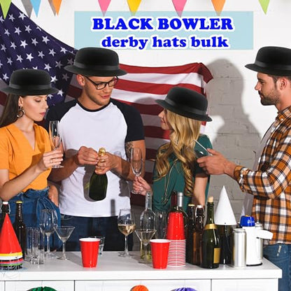 20 Pack Plastic Derby Bowler Hats Bulk Black Bowler Hat Deluxe Costume Hat for Adult Kids Dress up Costumes Party