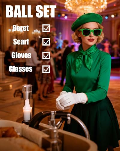 French Beret Hat Set,4 Pcs Solid Wool Beanie Hat with Chiffon Scarf Gloves Retro Sunglasses for Fancy Dress Costume - color: Saint Patrick's Theme