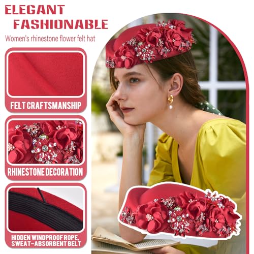 Women's Retro Stewardess Felt Hat, British Berets, Rhinestone Flower Decor, Ladies' Church Derby Hat - color: Red