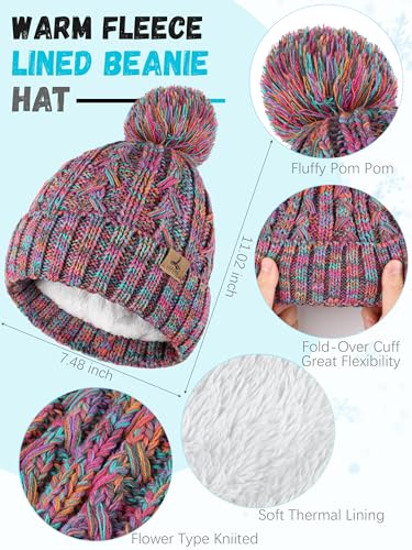 Winter Hat Scarf Gloves Set, Fleece Lined Cable Knit Pompom Hat Women Gift - color: Black Multi