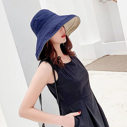 Women Wide Brim Sun Hats Metal Wired Edge Summer UV Protection Beach Fishing Hat for Hiking Garden Travel Chin Strap - color: Lant001-navy, size: One Size