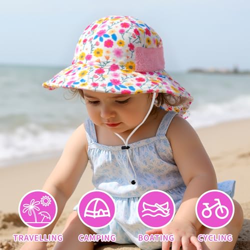 Toddler Baby Sun Hat Kids Summer Beach Essentials Adjustable Beach Hats with Bucket Wide Brim for Boys Girls Age 0-14 Years - color: 2 Pack - Light Pink+flower, size: 2-7 Years