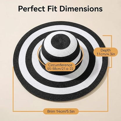 Women's Beachwear Sun Hat Black and White Striped Straw Hat Floppy Beach Hat Foldable Wide Brim Cap