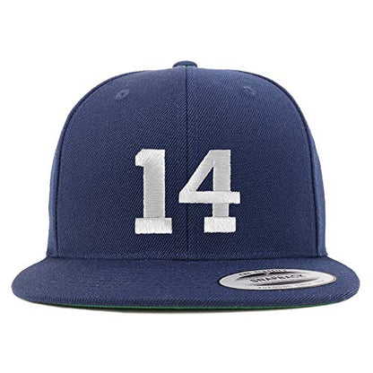 Trendy Apparel Shop Number 14 White Thread Embroidered Flat Bill Snapback Baseball Cap - color: Navy