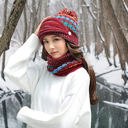 Ypser Women's Winter Warm Knitted Crochet Hat Fleece Lined Cable Faux Fur Pom Pom Beanie Hat Skull Cap - color: Red 3 Pcs Set (Hat & Scarf & Face Mask)