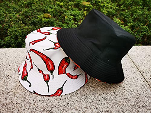 Unisex Corn Mushroom Pepper Ice Cream Seamless Print Bucket Hat - color: Pepper (White Red)