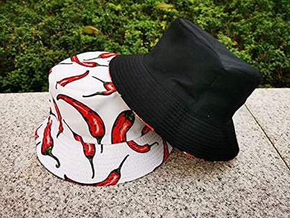 Unisex Corn Mushroom Pepper Ice Cream Seamless Print Bucket Hat - color: Pepper (White Red)