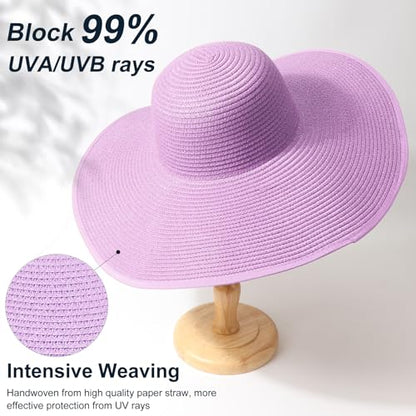 AQOKKA Sun Hats for Women Big Straw Wide Brim Summer Beach Hat Floppy Foldable Roll up Cap for Outdoor UPF 50+ - color: Wide Brim : Purple