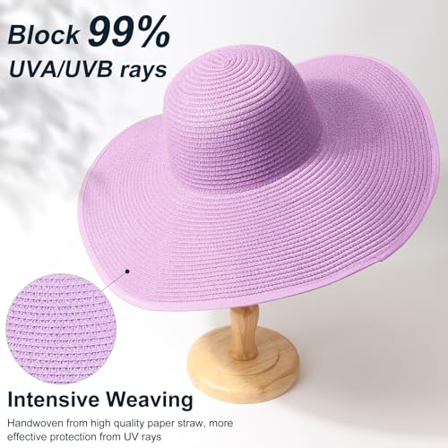 AQOKKA Sun Hats for Women Big Straw Wide Brim Summer Beach Hat Floppy Foldable Roll up Cap for Outdoor UPF 50+ - color: Wide Brim : Purple