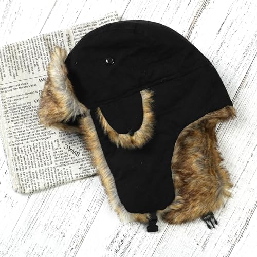 ONWAY Trapper Hat Winter Hats for Women Men with Faux Fur Ear Flaps - color: Dark Black