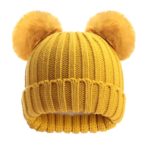 Toddler Winter Knit Hat Upgrade Fleece Lined Pompom Ears Beanies Cap for Boys Girls 3-12 Years - color: 01 Yellow