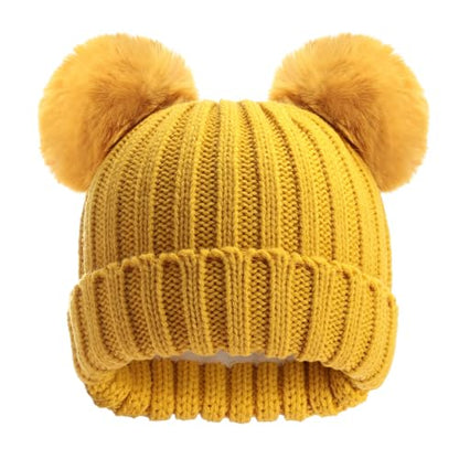 Toddler Winter Knit Hat Upgrade Fleece Lined Pompom Ears Beanies Cap for Boys Girls 3-12 Years - color: 01 Yellow