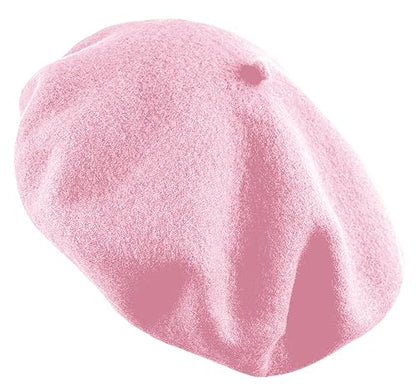 Women's French Beret Hat Solid Color Plain Wool Classic Traditional Artist Cap - color: Baby Pink