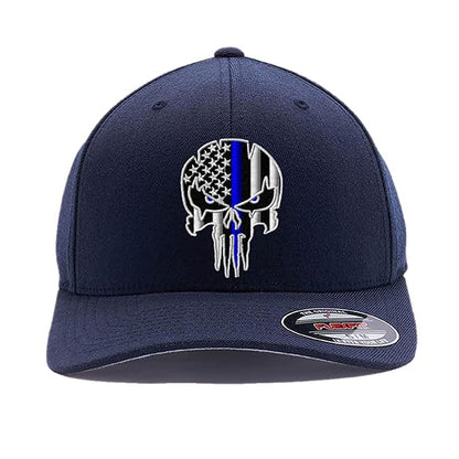 G&B Red Thin Red/Blue Line Spartan Helmet & Distressed Skull Flex Baseball Cap. Embroidered. 6277/6477 Flex Baseball Hat - color: Dark Navy 2, size: Small-Medium