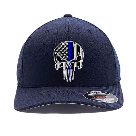 G&B Red Thin Red/Blue Line Spartan Helmet & Distressed Skull Flex Baseball Cap. Embroidered. 6277/6477 Flex Baseball Hat - color: Dark Navy 2, size: Small-Medium