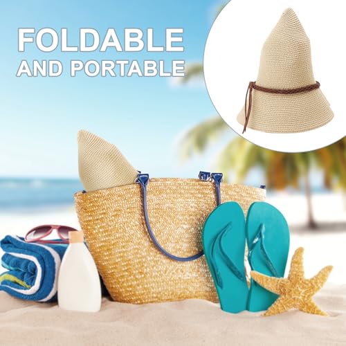 DRESHOW Women Straw Panama Hat Travel Fedora Beach Sun Hat Summer Wide Brim Straw Roll up Hat UPF 50+ - color: Straw Hat With Braided Band: Beige