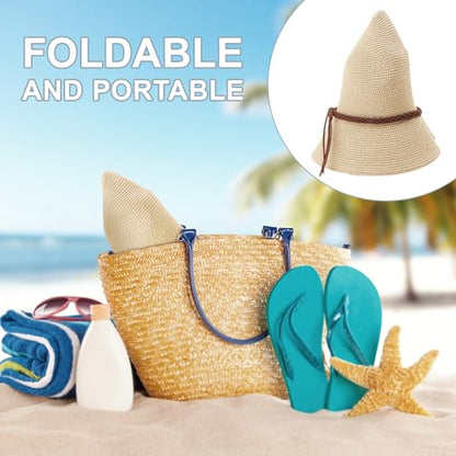 DRESHOW Women Straw Panama Hat Travel Fedora Beach Sun Hat Summer Wide Brim Straw Roll up Hat UPF 50+ - color: Straw Hat With Braided Band: Beige