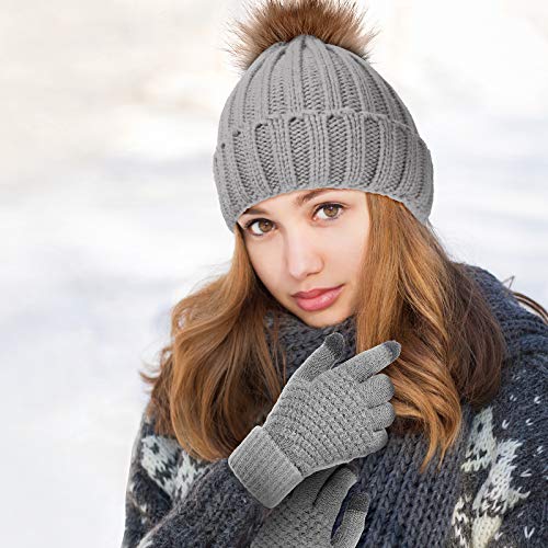 Syhood 4 Pcs Hat and Glove Set Winter Beanie and Glove Set - color: White and Grey
