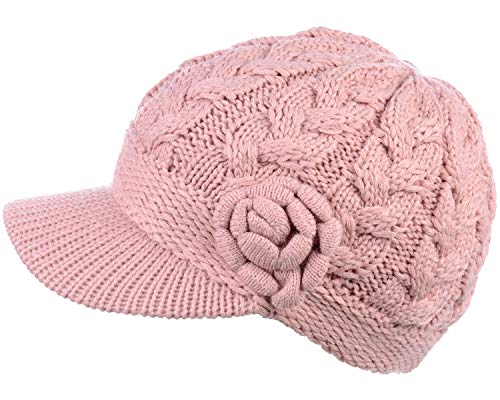 BYOS Womens Winter Chic Cable Warm Fleece Lined Crochet Knit Hat W/Visor Newsboy Cabbie Cap - color: Cable W/ Flower Pastel Pink