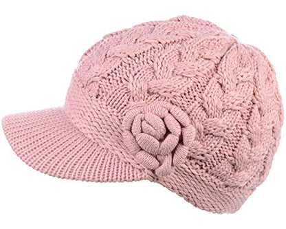 BYOS Womens Winter Chic Cable Warm Fleece Lined Crochet Knit Hat W/Visor Newsboy Cabbie Cap - color: Cable W/ Flower Pastel Pink
