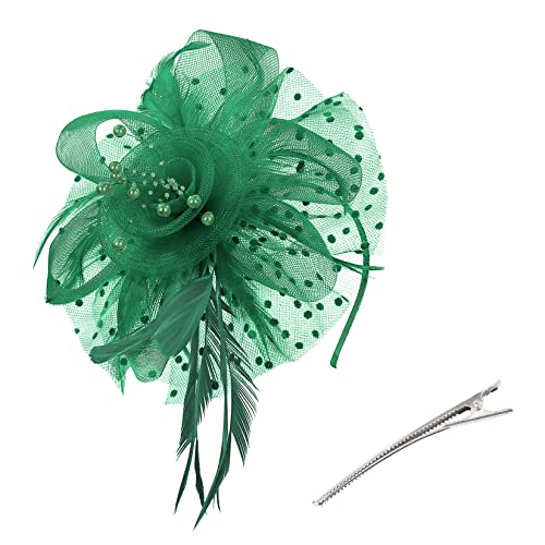 Century Star 2026 Kentucky Hat Derby Fascinator for Women Tea Party Flower Mesh Ribbons Feathers Headband Hair Clips - color: Green
