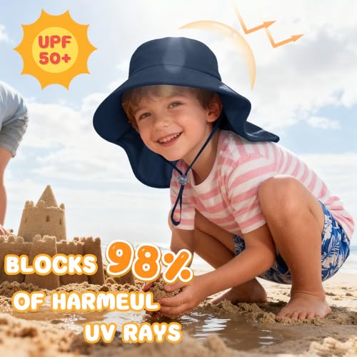 ZOORON Outdoor Kids Sun Hat with Neck Flap UPF 50+ Sun Protection Fishing Hat Wide Brim Summer Kids Beach Hats for Girls Boys - color: 1pack-navy