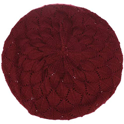 BYOS Chic Parisian Style Soft Lightweight Crochet Cutout Knit Beret Beanie Hat - color: 2-pack Leafy Red Wine & Black