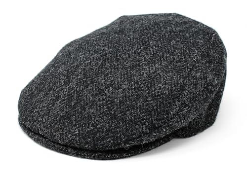 Hanna Hats Traditional Irish Tweed Wool Vintage Cap. Unisex Cabbie Hat. Stud Fastener & Taffeta Lining. 100% Made in Ireland. - color: Black&charcoal Herringbone, size: X-Large